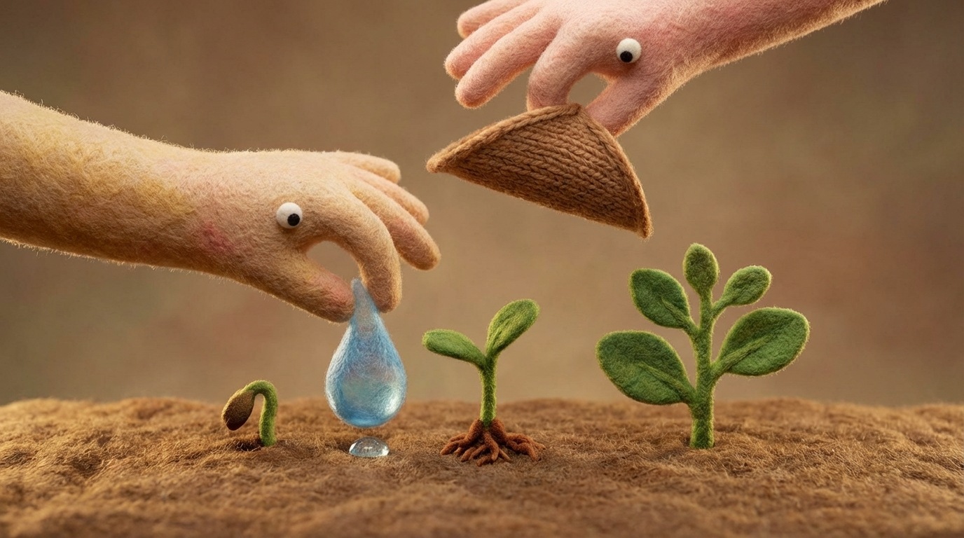 A stylized plant seedling, initially small and delicate, being gently nurtured by two abstract, caring hands. One hand provides water from a small, clear droplet, while the other holds a small, protective shield over it. The plant is gradually growing taller in a series of subtle stages. The background is a soft, earthy tone. The mood is supportive and focused on growth.