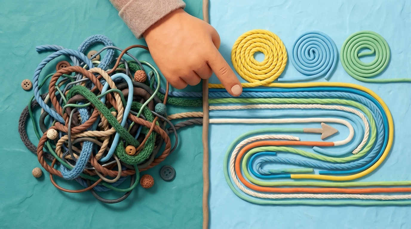 A two-panel illustration with a clear vertical division. The left panel shows a tangled knot of ropes and wires, representing a complex problem. The right panel shows the same ropes neatly organized and untangled, leading to a simple, clear path. A large, friendly hand points from the problem side to the solution side, acting as a guide. Bright, encouraging colors on the right, contrasting with the slightly chaotic and darker tones on the left. Overhead view.