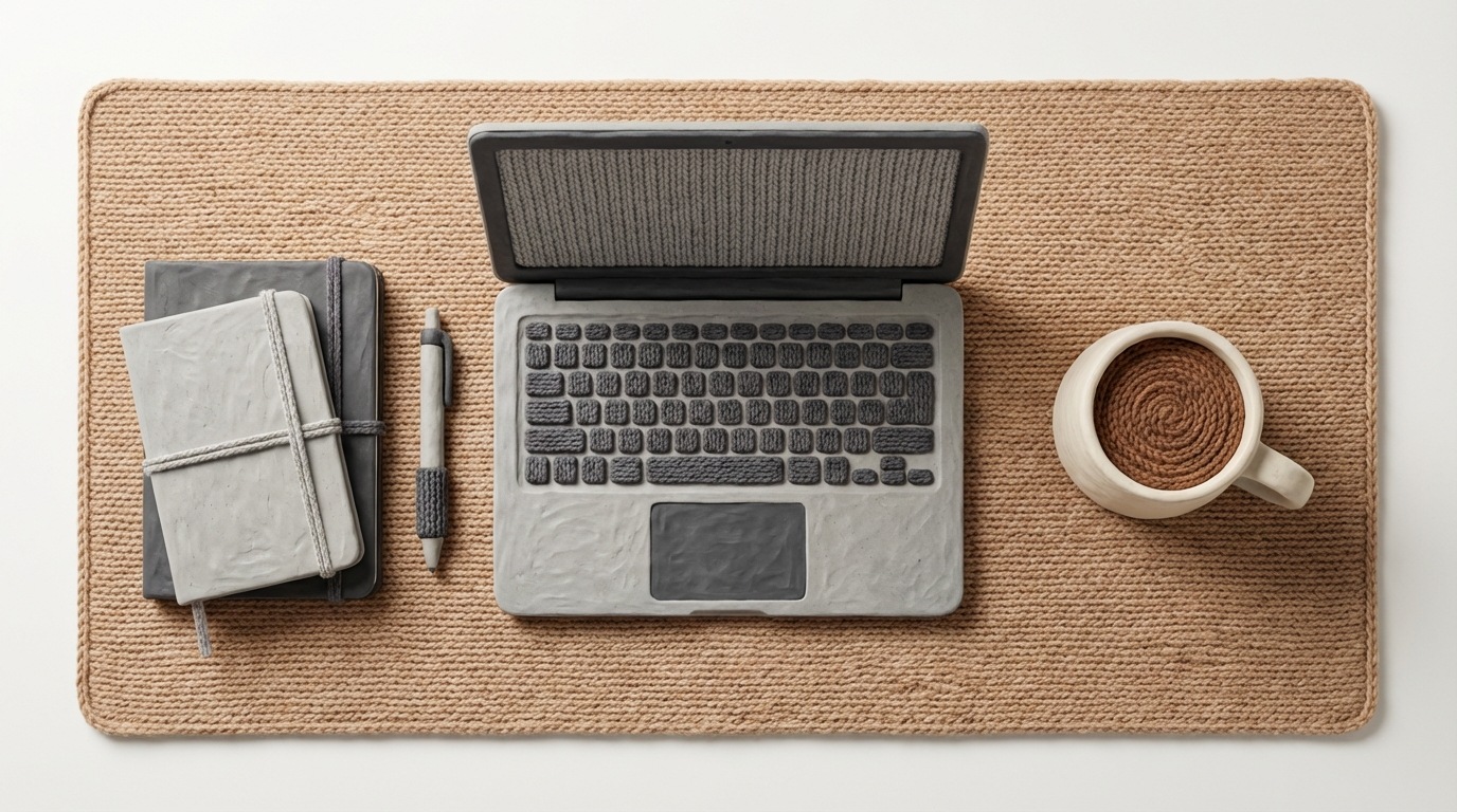 A top-down view of a clean, organized desk with a laptop, notebooks, a pen, and a coffee mug. The scene is minimalist and emphasizes focus. The color palette is neutral, featuring wood tones and grayscale accents.