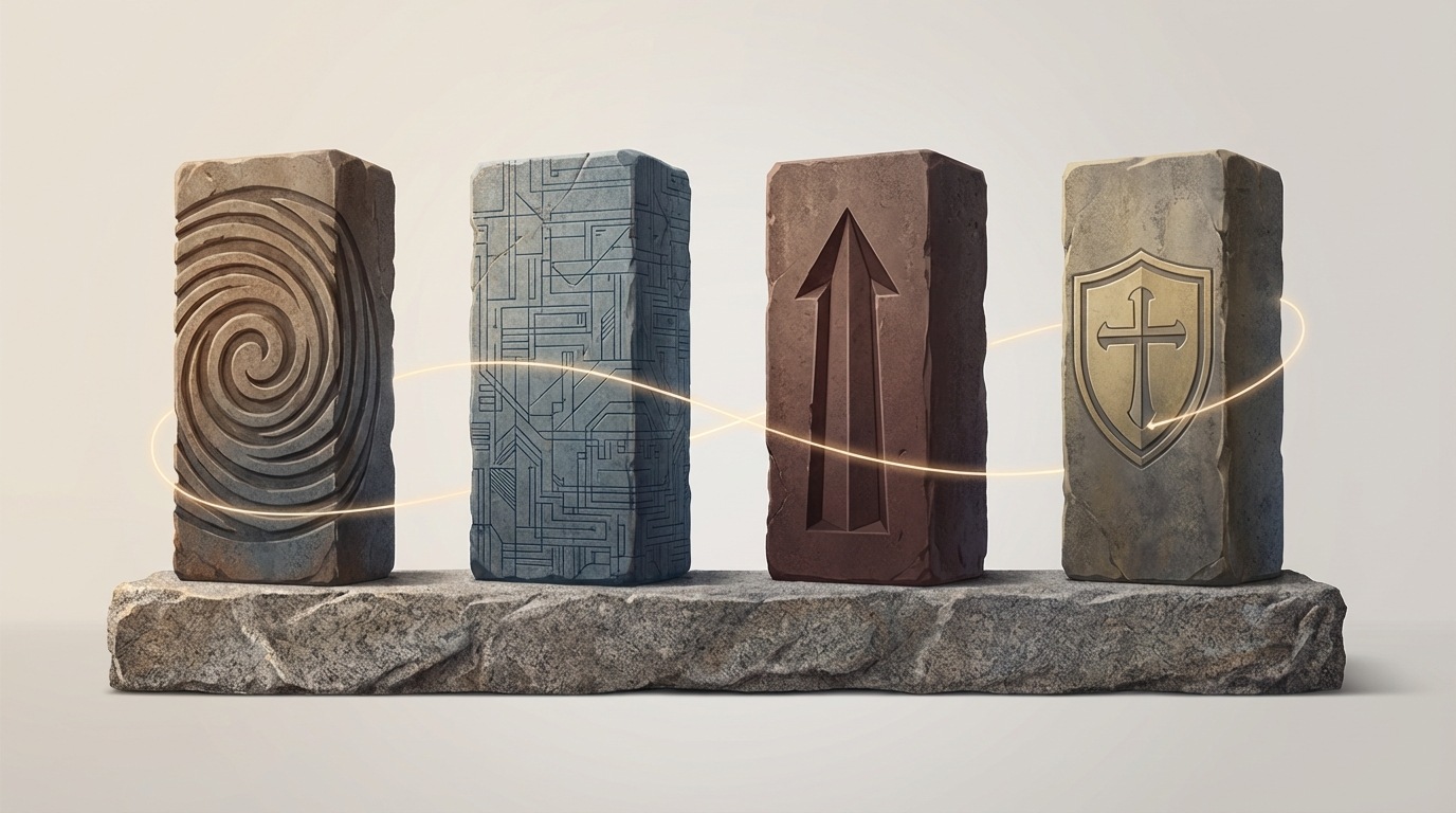 Four distinct, sturdy pillars or blocks stand side-by-side on a solid foundation. Each pillar is subtly textured and colored differently: one with a swirling pattern (Experience), one with intricate lines (Expertise), one with a strong, upward-pointing shape (Authoritativeness), and one with a shield-like symbol (Trustworthiness). They are all connected by subtle, glowing lines, forming a unified, robust structure. The color palette is earthy and reliable, conveying stability and strength.