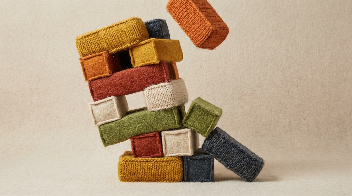 A slightly tilted, precarious stack of oversized, colorful building blocks, each representing a business process or resource. Some blocks are clearly misaligned or falling off, symbolizing inefficiency and wasted resources. A few blocks are missing entirely, indicating lost opportunities. The background is a plain, light color, making the unstable stack stand out. The mood is slightly tense, highlighting vulnerability.