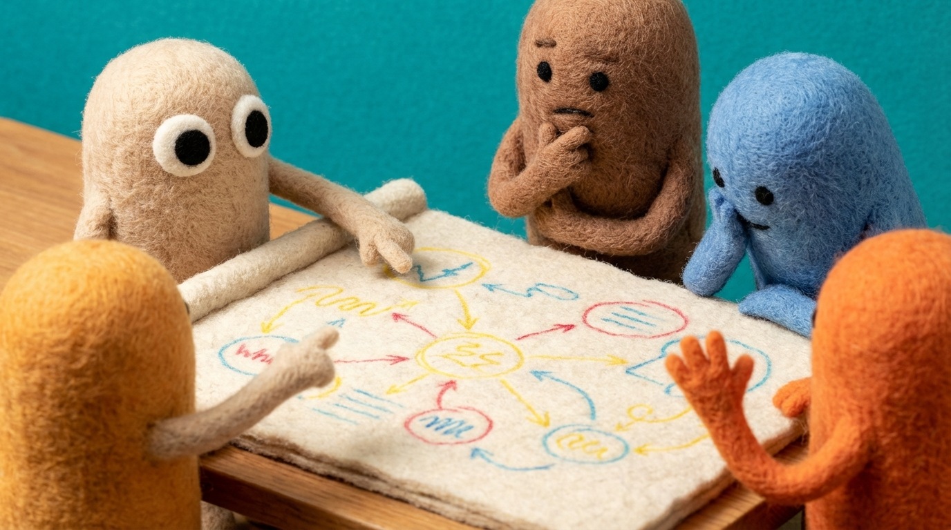 A small, diverse group of abstract figures gathered around a large, rough sketchpad on a table. One figure points to a drawing of interconnected ideas, while others are looking intently, some with thoughtful postures, some with hands raised as if to contribute. The sketchpad is filled with light, energetic lines and shapes, not fully formed but full of potential. The scene is brightly lit, with a collaborative, energetic mood. Viewed from a slightly high angle, looking down at the table. Warm, inviting color scheme with pops of bright colors on the sketchpad.