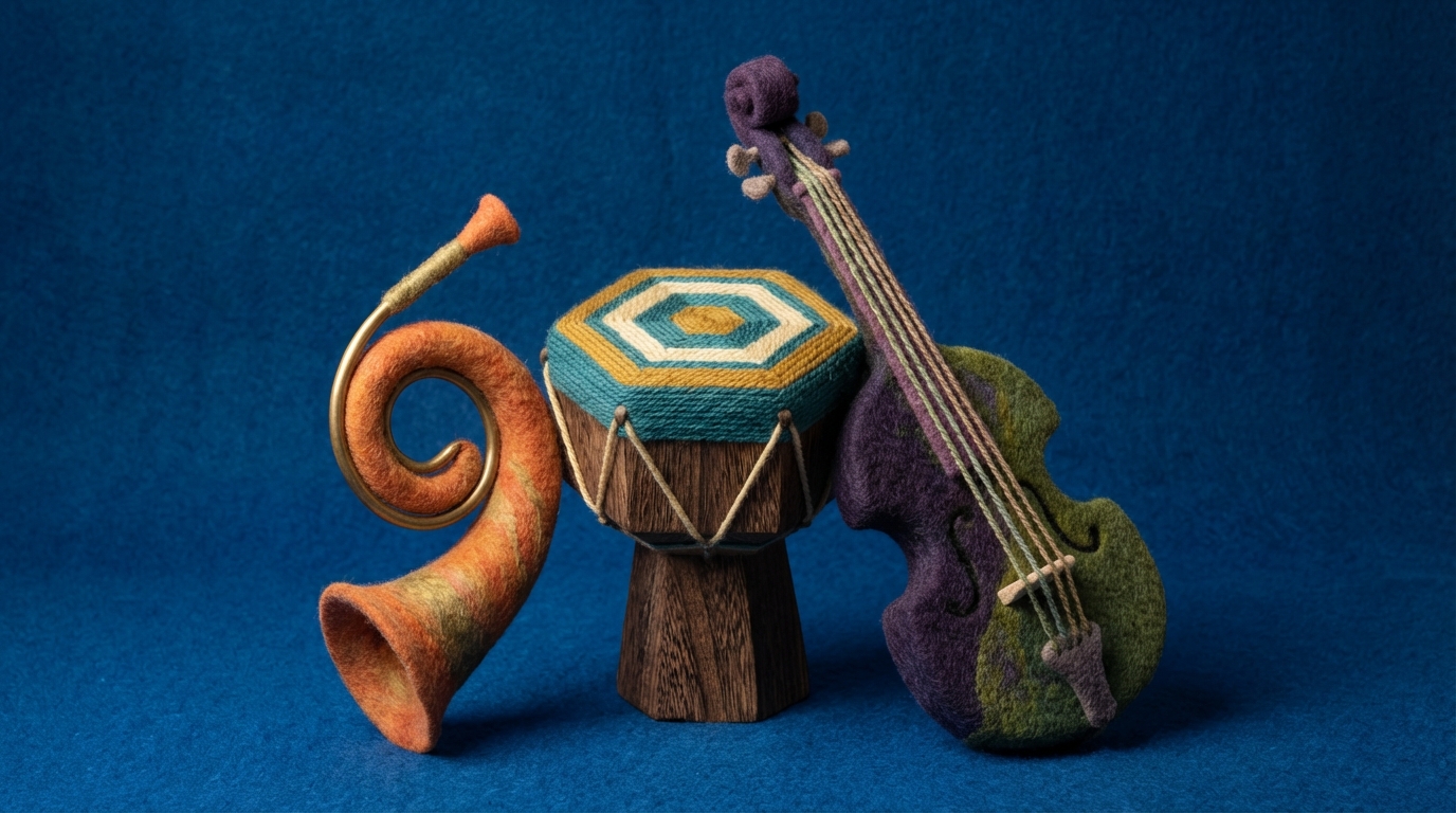 A collection of stylized, abstract musical instruments (a curved horn, a geometric drum, a stringed instrument with a unique shape) arranged in a harmonious, slightly asymmetrical composition. Each instrument is distinct in form and color, yet they are positioned to suggest they are part of an ensemble, creating a richer sound together. The background is a deep, resonant blue, adding to the sense of depth and collaboration. The overall mood is sophisticated and balanced.