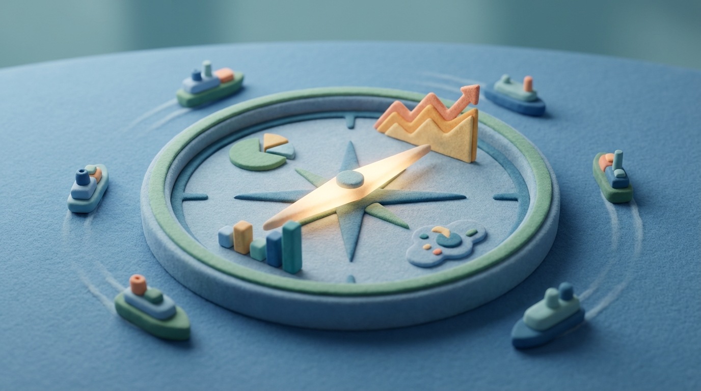 A large, simplified compass face with various data visualizations instead of traditional directions. A prominent needle, glowing softly, points towards an upward-trending line graph. Around the compass, abstract shapes resembling small, stylized ships or businesses navigate a calm, blue surface. The overall color scheme is muted blues and greens, with a bright, guiding light emanating from the compass needle. Viewed from a slightly elevated, wide-angle perspective, conveying a sense of clear direction and strategic guidance.