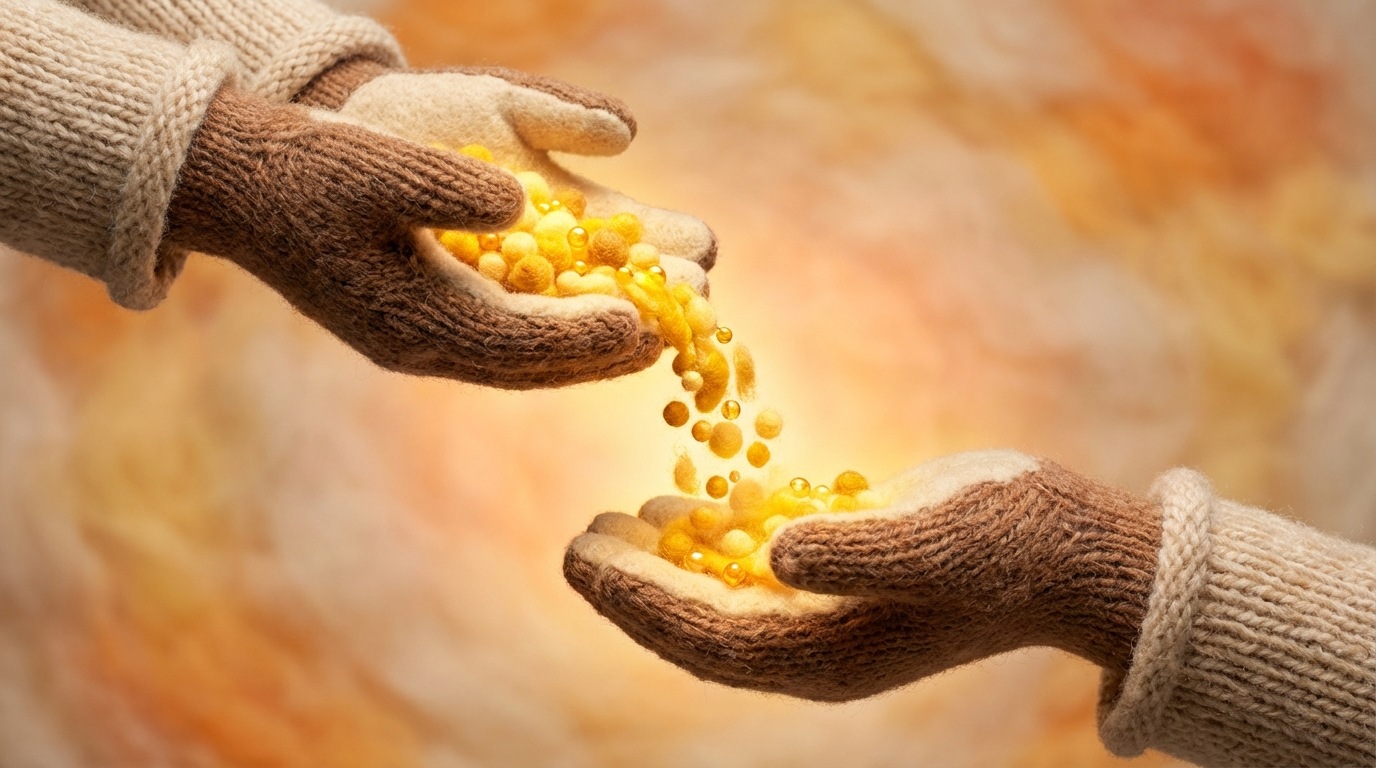 Two abstract, cupped hands positioned opposite each other. One hand, on the left, generously pours a stream of glowing, golden particles into the other hand, which is slightly lower and receptive. The particles represent value being given. The background is soft and diffused, with a warm, inviting glow emanating from the exchange. The composition suggests a continuous flow and a cycle of giving and receiving. The mood is generous and positive.