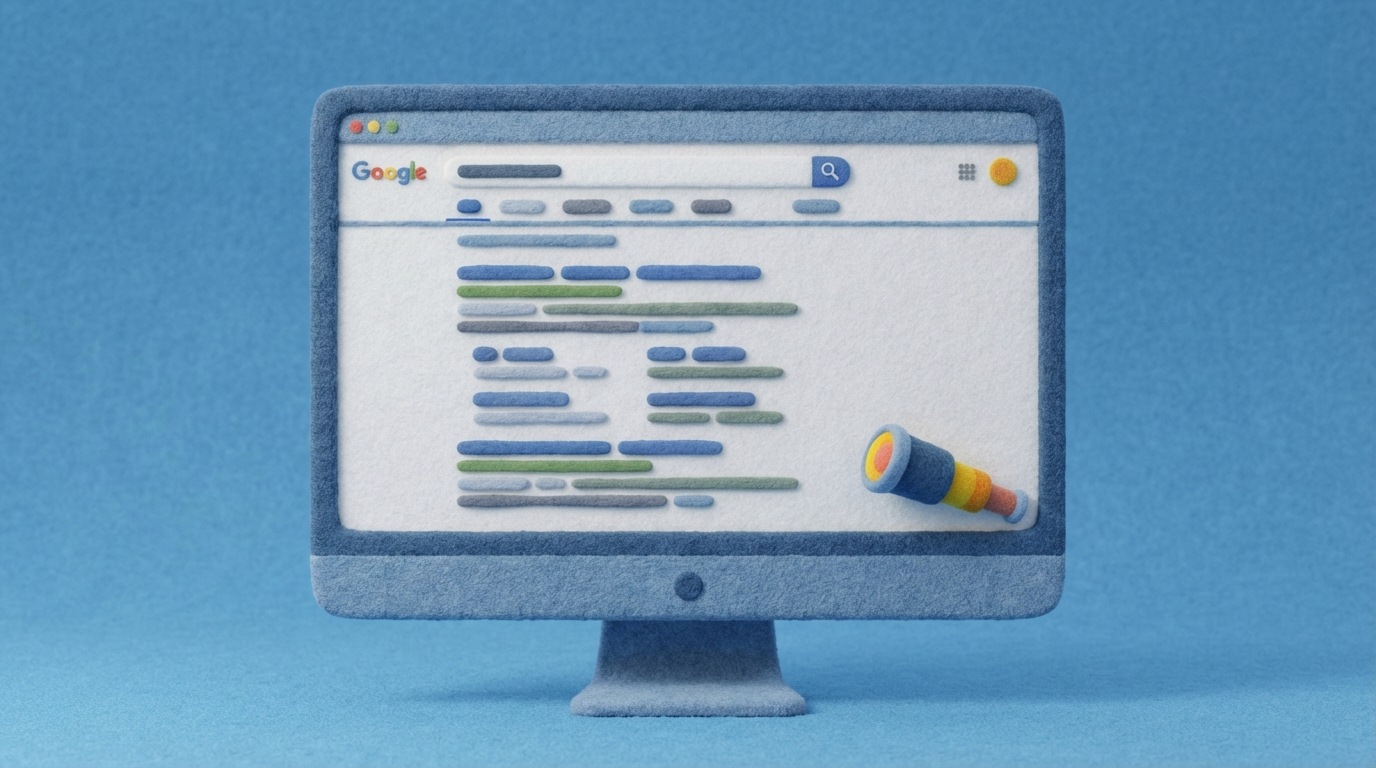 A stylized desktop computer monitor screen displays a search engine results page. A small, abstract spyglass or a pair of binoculars is discreetly positioned at the bottom corner of the screen, subtly observing the search results and website listings. The screen itself shows generic website titles and descriptions. The color palette is cool and analytical, with hints of curiosity.