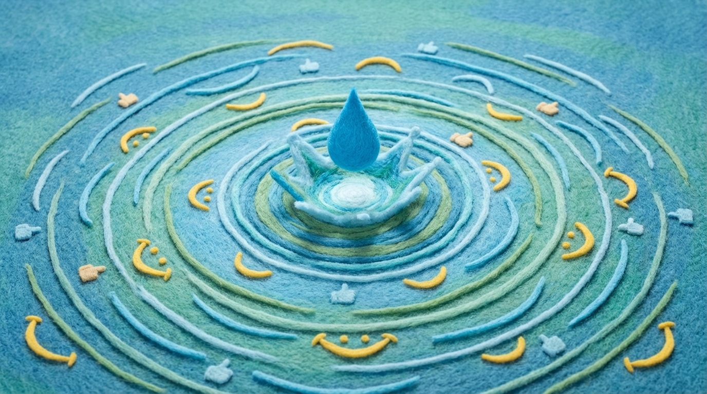 A single, bright, stylized drop of water falling into a calm pool, creating concentric ripples that spread outwards across the surface. Within these ripples, small, abstract symbols representing positive feedback (like a smiling mouth or an upward curved line) appear and multiply, spreading across the water. The colors are serene blues and greens, with a bright focal point where the drop lands. Top-down view, emphasizing the expansive spread of influence.