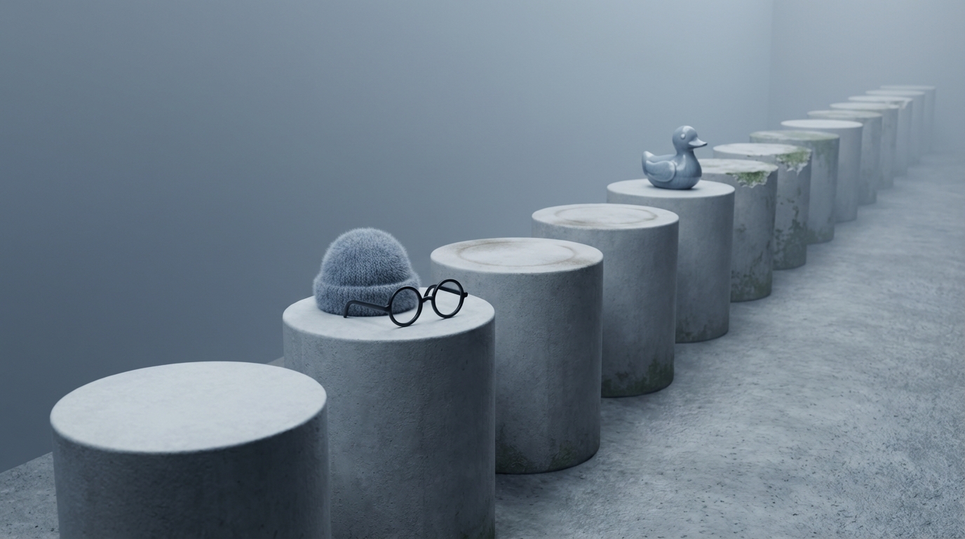 A series of empty pedestals or stands arranged in a receding line, with only a few still holding their intended objects or figures. Some pedestals are freshly empty, others show signs of dust or subtle wear, indicating a continuous departure over time. A sense of void and loss pervades the scene, emphasizing the increasing absence of valuable elements. Cool, grey tones.