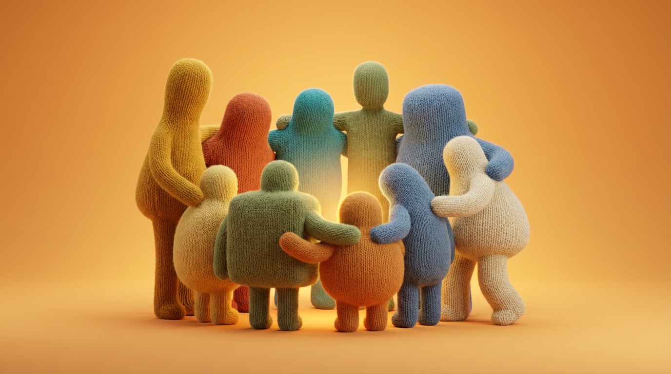 A diverse group of abstract, faceless figures standing together, each with a slightly different height, shape, and color, symbolizing individuality. Despite their uniqueness, they are arranged in a way that suggests unity and mutual support, perhaps forming a gentle arc or a strong, stable block. A soft, warm light emanates from the center of the group, highlighting their collective strength and positive energy. The background is simple and uncluttered, allowing the focus to remain on the cohesive team. The color palette is varied but harmonious, with warm and inviting tones.