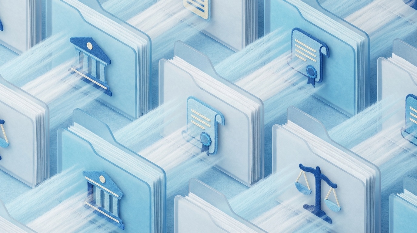 A series of neatly arranged, transparent digital folders or files, each with a distinct icon representing different public records (e.g., a building icon for legal entities, a scroll for patents, a balance scale for court cases). Light rays pass through them, highlighting their transparency and accessibility. The background is a clean, digital interface. Cool, professional color scheme with blues and whites. Slightly angled, isometric view.