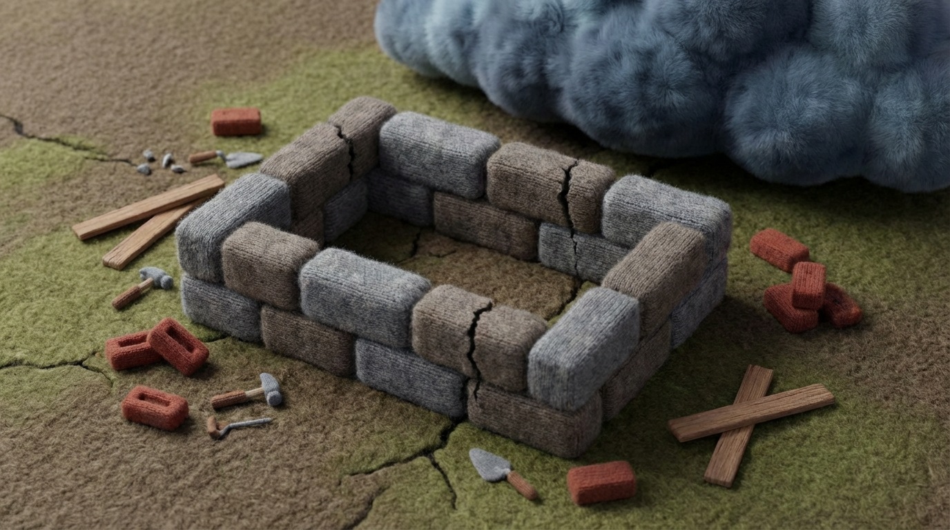 A stylized, partially built house foundation on uneven ground, with some construction materials scattered haphazardly and a few tools lying unused. The foundation blocks are misaligned, and cracks are visible, suggesting a lack of proper planning and unstable beginnings. In the background, a storm cloud gathers, hinting at future problems. The color palette uses dull grays and browns for the foundation, with hints of rusty reds and muted blues. Overhead view, emphasizing the disarray.