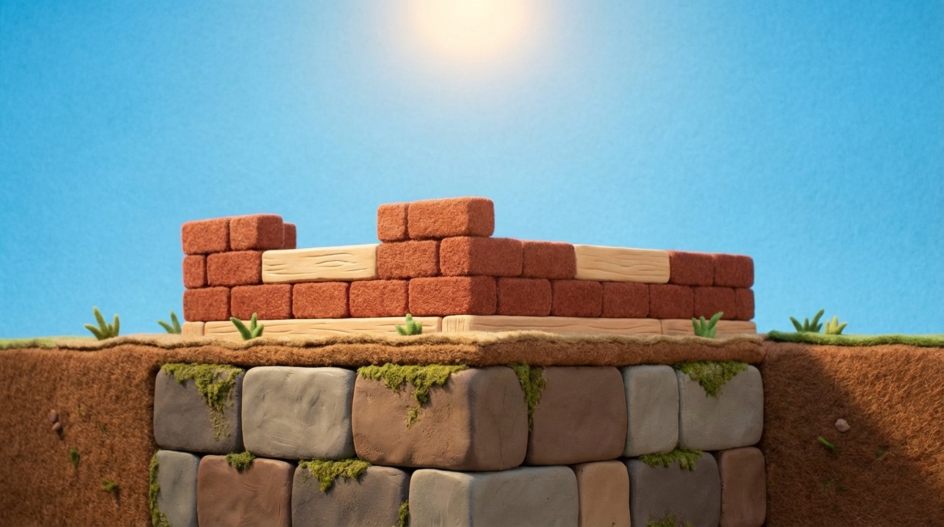 A strong, deep foundation made of large, interlocking stone blocks, partially visible beneath the ground. On top of this foundation, the initial layers of a new, well-structured building are beginning to rise. The scene is bright and optimistic, with a clear sky and warm, earthy tones. The perspective is from slightly above, looking down at the construction site. A feeling of solid beginnings and careful planning.