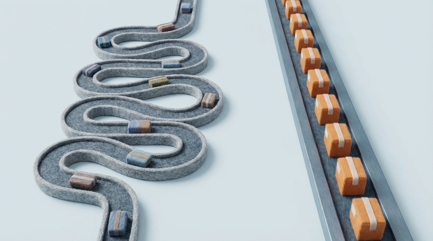 Two parallel conveyor belts. The left belt is long and winding, with many small, unnecessary loops and turns, carrying a few items slowly. The right belt is short, straight, and streamlined, efficiently carrying a larger volume of identical items at a faster pace. The background is simple, emphasizing the contrast in efficiency. A clear, logical mood. Side-by-side comparison, slightly elevated view. Cool, industrial colors.