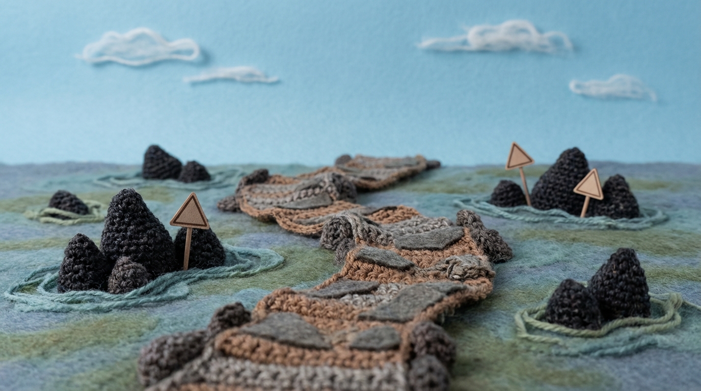 A winding, rocky path leading through a shallow, murky body of water. Several sharp, jagged rocks (representing obstacles or pitfalls) are visible just beneath the surface, some with small warning signs next to them. The path is narrow and challenging, but a clear sky is visible in the distance. The mood is cautious but hopeful. Muted blues and greens for the water, with sharp, dark tones for the rocks. Eye-level view, emphasizing the immediate challenges.