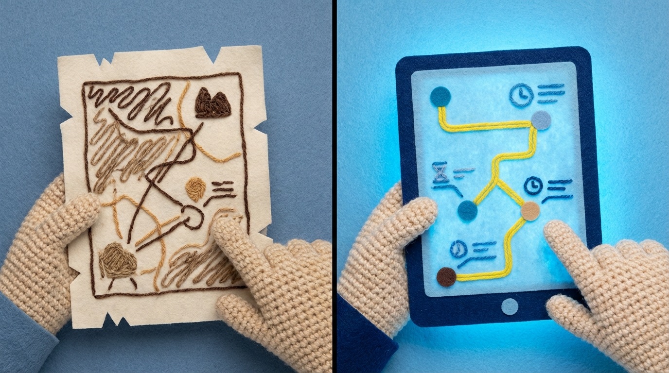 A split image. The left side shows a hand-drawn map with scribbled routes and notes. The right side shows a clean, digital map on a tablet screen, displaying optimized routes with clear waypoints and estimated arrival times. The contrast highlights the transition from manual to automated planning. The color palette is muted on the left, becoming brighter and more digital on the right.