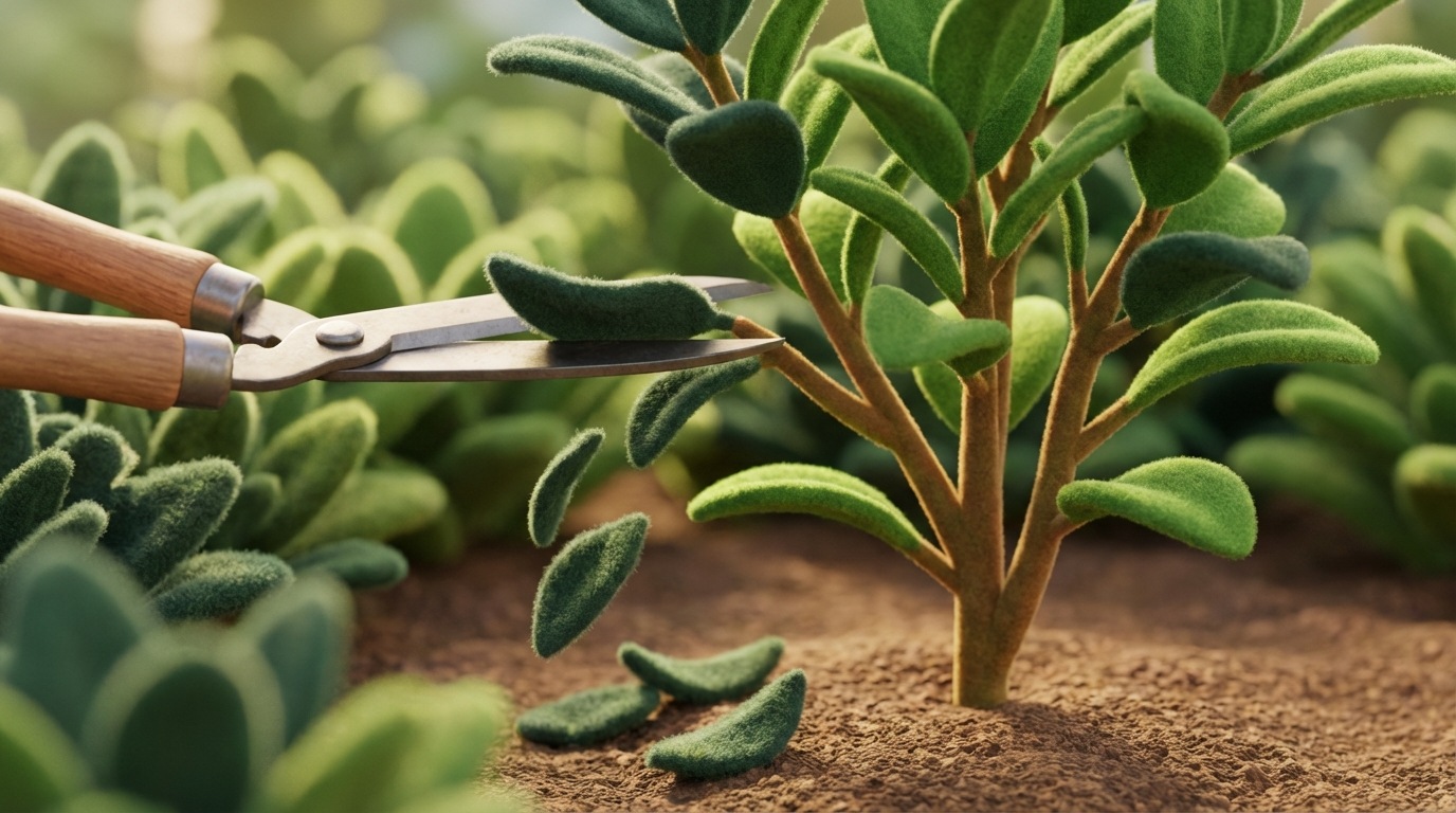 A pair of gardening shears neatly trimming excess, overgrown foliage from a healthy plant. The trimmed leaves fall away, revealing a more streamlined and robust plant structure underneath. The scene conveys careful, precise reduction of unnecessary elements to promote healthier growth. Lush greens and earthy browns, with a sense of meticulousness.