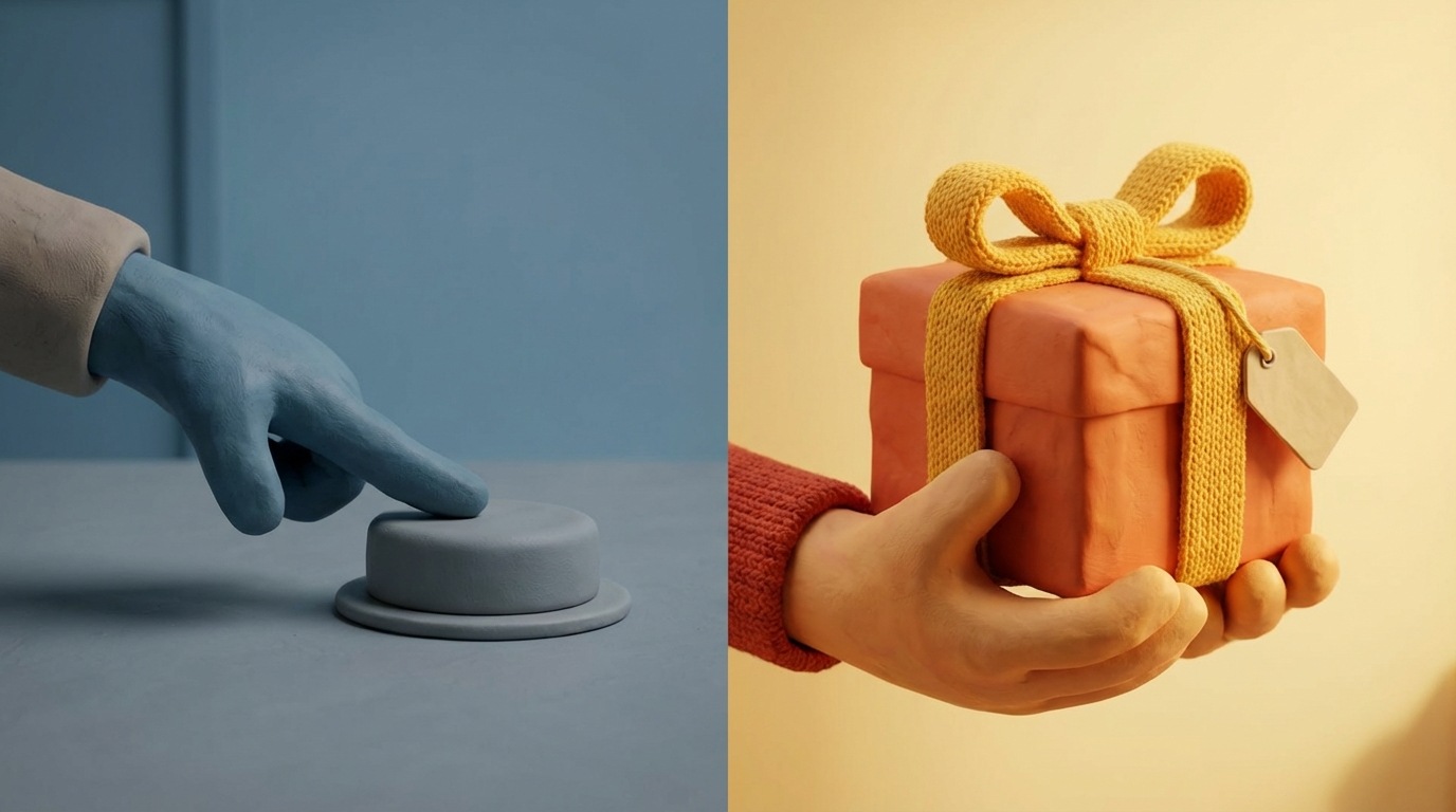 A split image showing two distinct scenes. On the left, a hand is reaching out to press a generic, grey button labeled "Submit." The scene is bland and uninviting. On the right, the same hand is holding a beautifully wrapped gift box with a tag that says "Your Solution" or "Achieve Your Goals." The right side is brightly lit and appealing. Strong contrast in lighting and color, with the right side being warm and inviting, the left side cool and neutral. Close-up on the hands and objects.