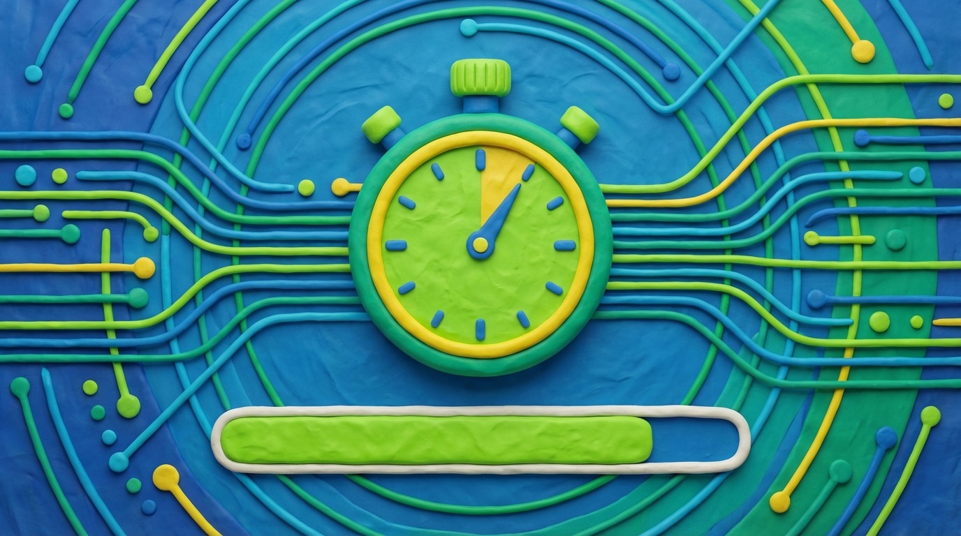 A large, digital stopwatch prominently displayed, with its hand pointing to a very short time (e.g., 1-2 seconds). Below the stopwatch, a horizontal progress bar, styled like a website loading indicator, is almost entirely filled, signifying rapid loading. The background is a subtle, abstract representation of network lines or data flow, emphasizing speed and efficiency. The colors are bright and dynamic, with a focus on green for completion.