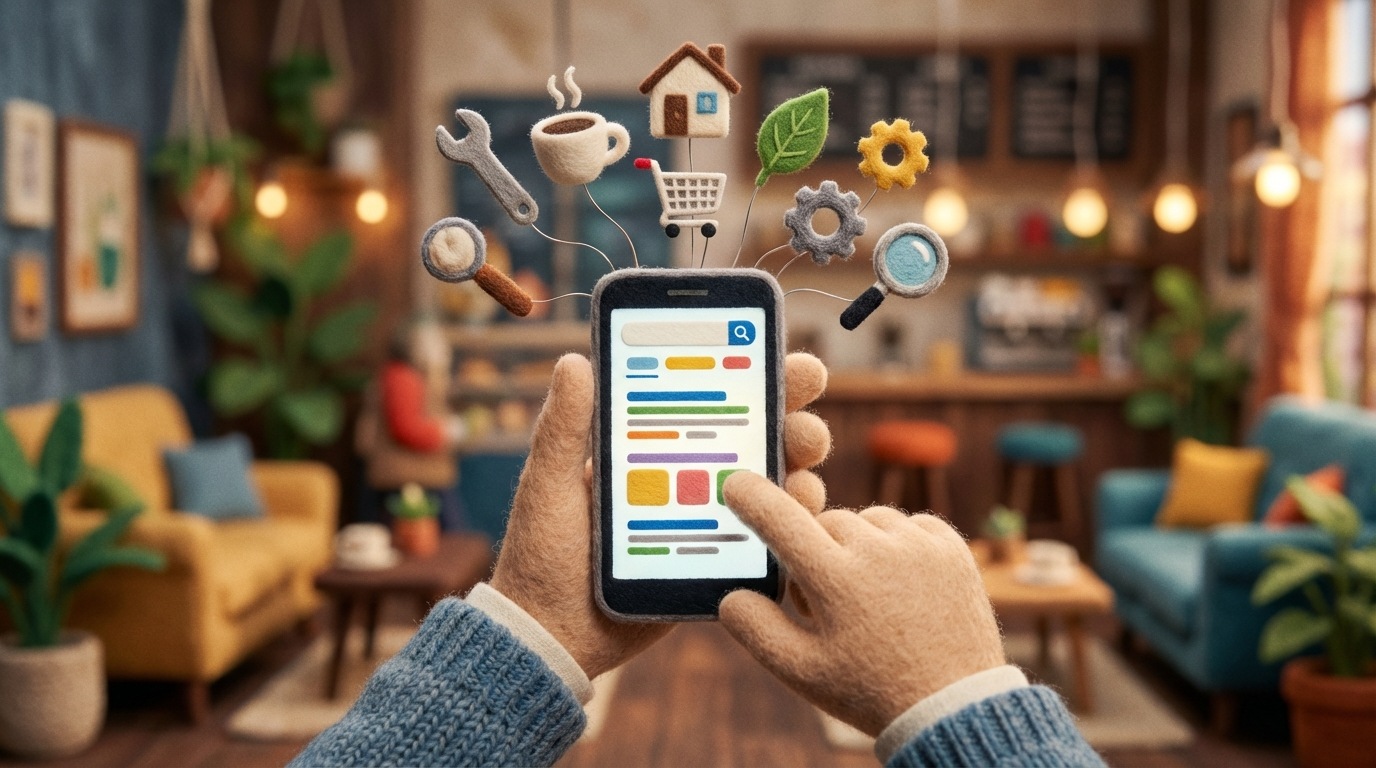 A close-up shot of hands holding a smartphone, with a bright search results page displayed on the screen. The background is slightly blurred, suggesting a busy urban environment or a comfortable home setting. Above the phone, a cluster of abstract icons representing various services and products (e.g., a wrench for repair, a coffee cup for cafe, a house for real estate) float, symbolizing customer needs. The overall mood is active and immediate, with a focus on digital connection.