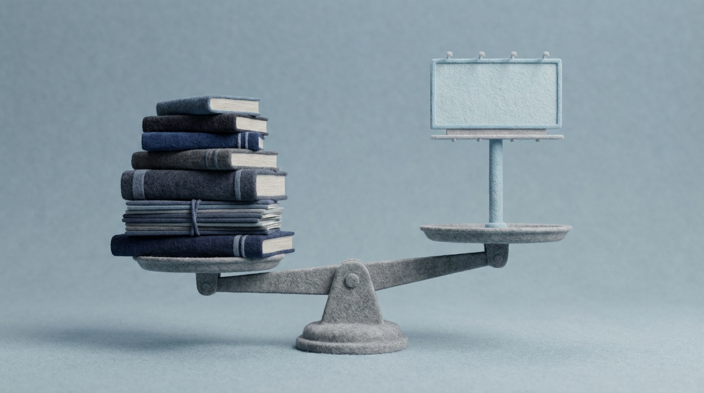 A perfectly balanced scale is depicted with clear visual contrast. On the left pan, a substantial stack of neatly organized, valuable-looking books or documents (representing deep knowledge and useful content) rests, causing that side to be significantly heavier and lower. On the right pan, a single, lightweight, flimsy-looking billboard or advertisement stands, barely making an impact. The composition clearly illustrates the weight of genuine expertise over superficial promotion. The color scheme is clean and professional, with a focus on contrasting blues and grays.