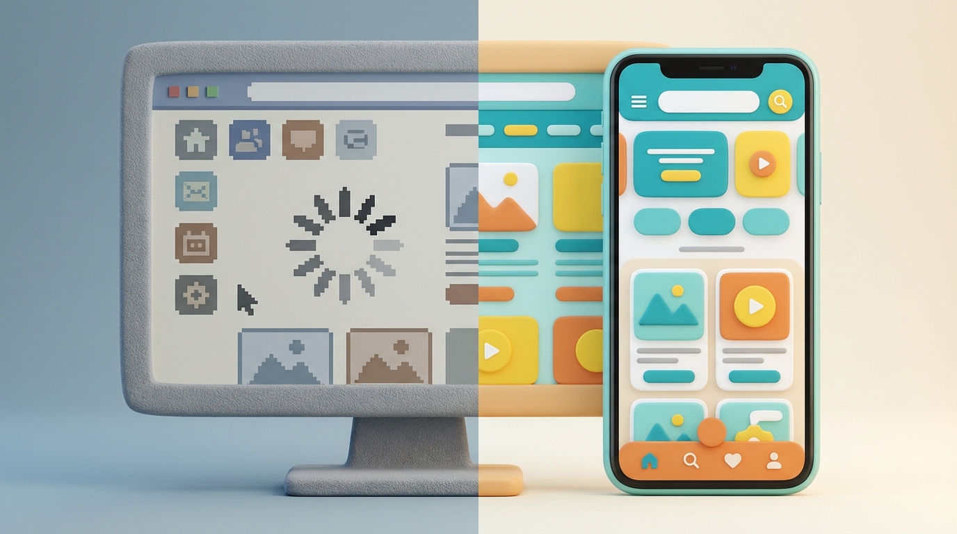 A split screen concept. On the left, a stylized, pixelated website interface struggling to load, with a visible loading spinner and broken elements, indicating slowness and poor UX. On the right, the same website interface is crisp, fully loaded, and flowing smoothly, adapted perfectly for a mobile device. The contrast emphasizes efficiency versus dysfunction. Left side uses muted, slightly desaturated colors; right side is vibrant and clear.