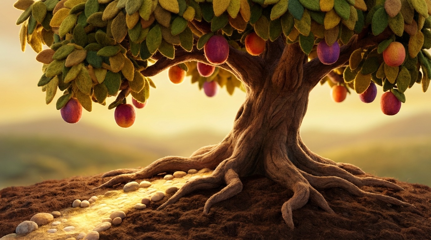 A strong, deep-rooted tree with lush foliage, representing a long-term customer relationship. Its roots are firmly planted in fertile ground, and fruits (representing value or repeat purchases) hang from its branches. A small, vibrant path leads to the tree, suggesting initial acquisition, but the focus is on the established, thriving growth. Warm, earthy tones, serene atmosphere.