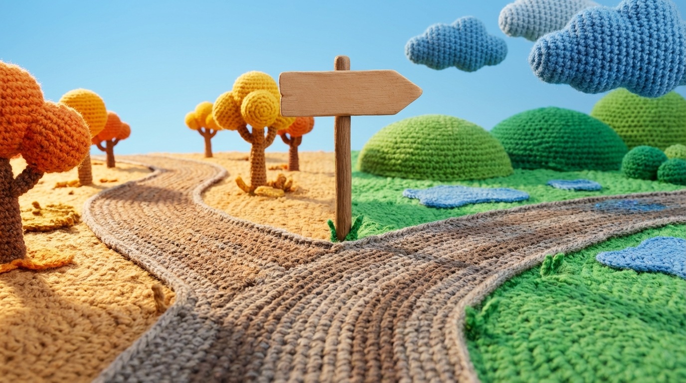 A winding road that abruptly changes direction. A signpost at the turn indicates a new path. The landscape around the road is dynamic, perhaps showing changing weather or terrain. This visually represents the need to adjust course when circumstances change.