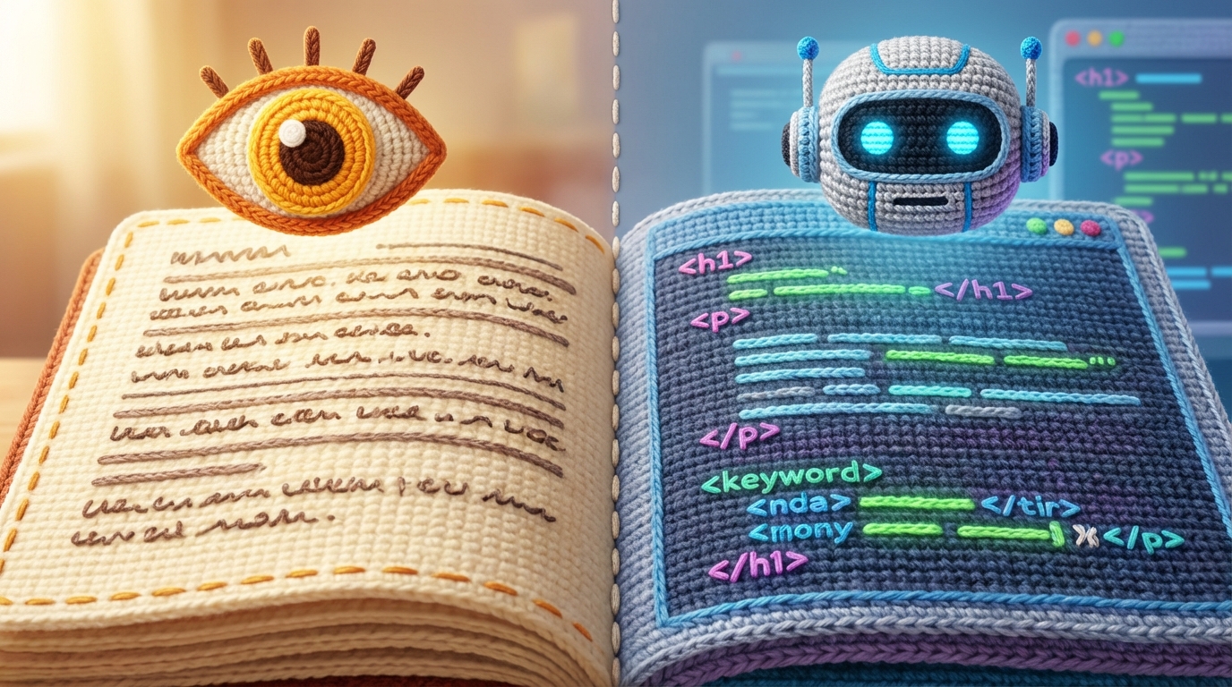 A split screen. On the left, an open notebook with clear, readable, well-structured text, resembling a human-friendly article. A stylized eye symbol hovers above it. On the right, a screen displaying simplified, clean code with highlighted keywords and structured tags (like `

<h1>`, `</p>
<p>`). A stylized robot head symbol hovers above it. The two sides are harmoniously balanced. Warm, inviting tones for the human side; cool, analytical tones for the machine side.» /><br />
</figure>
<p>Внутри страницы используйте <strong>структуру заголовков H1-H6</strong>. H1 — это главный заголовок страницы, обычно он один и содержит основное ключевое слово. Заголовки H2-H6 используются для структурирования текста, разделения его на логические блоки и включения дополнительных ключевых фраз. Сам текст должен быть уникальным, экспертным и достаточно объёмным, чтобы полностью раскрыть тему. Избегайте <strong>переспама ключевыми словами</strong> — это когда вы слишком часто повторяете одни и те же фразы, что делает текст неестественным и может привести к санкциям от поисковых систем. Представьте, что вы пишете статью для блога юридической фирмы о нюансах регистрации товарных знаков. Текст должен быть юридически грамотным, но при этом понятным для неспециалиста, с логичной структурой и естественным вхождением ключевых запросов. Поисковые системы отдают предпочтение текстам, написанным в концепции E-A-T (Expertise, Authoritativeness, Trustworthiness — Экспертность, Авторитетность, Достоверность). Это означает, что контент должен быть создан экспертом, содержать достоверную информацию и вызывать доверие у пользователя.</p>
<h3 id=