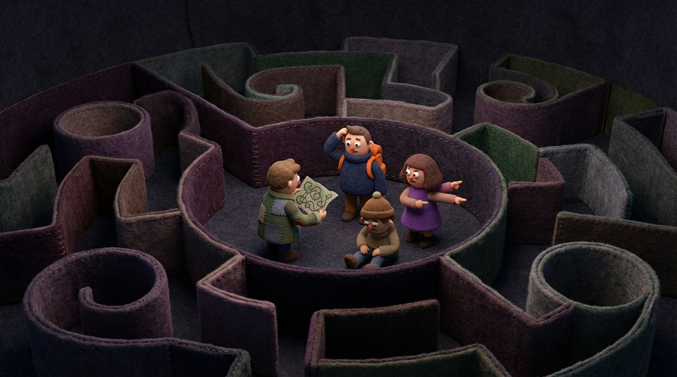 A complex maze with many paths, but all of them lead to dead ends or loops. In the center, a small group of people are lost and confused, with no clear exit in sight. The scene uses a dark, labyrinthine design with muted, oppressive colors, symbolizing the lack of a clear path forward.
