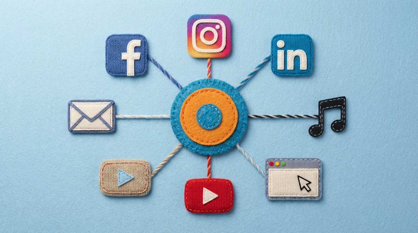 A graphic showing various digital platform icons arranged around a central hub labeled 