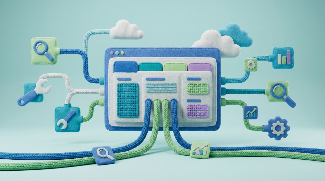 A stylized, interconnected digital workspace. In the center, a large, organized spreadsheet or dashboard interface is visible, with different colored tabs or sections representing various data types (SEO, PPC, Competitor Overview). Lines of data flow from smaller, abstract icons (representing different tools) into this central hub. The composition emphasizes integration and clarity. A clean, modern aesthetic with a mix of cool blues and greens for the data flows and interface elements.