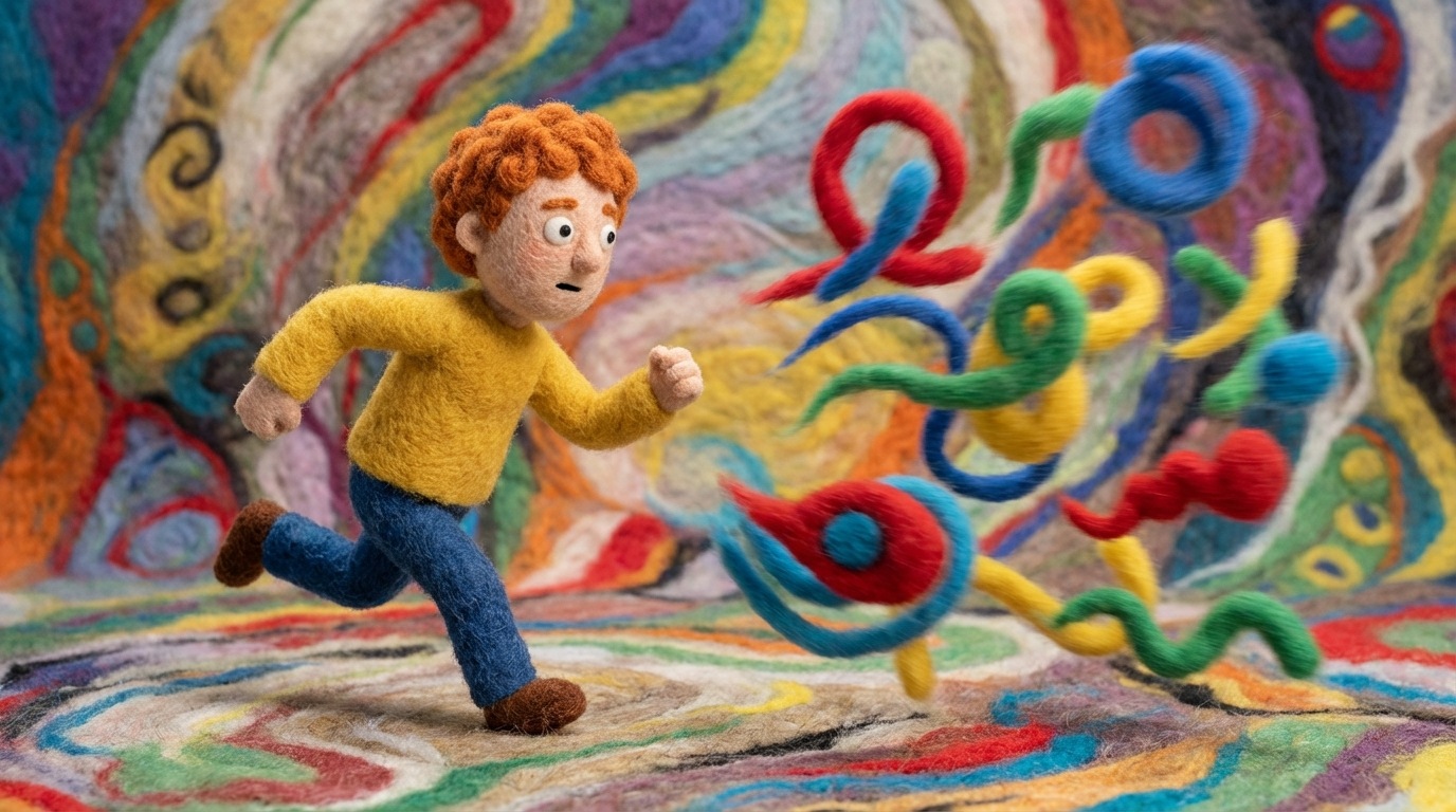 A person enthusiastically chasing after a series of rapidly changing, brightly colored abstract shapes that are constantly moving and morphing. The person is looking slightly bewildered but determined. The background is a chaotic swirl of colors and patterns.