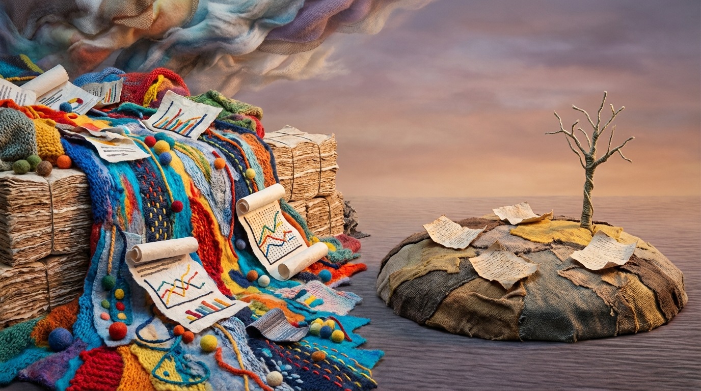 A large, overflowing river of documents, charts, and data points, surging over its banks and creating a chaotic scene. In the distance, a small, isolated island with only a few scattered pieces of paper, representing scarcity. The two scenes are visually contrasted. The mood is overwhelming and frantic on one side, isolated and barren on the other. A wide, split-frame composition shows both extremes. The "storm" side has vibrant, clashing colors of data, while the "scarcity" side features muted, earthy tones.