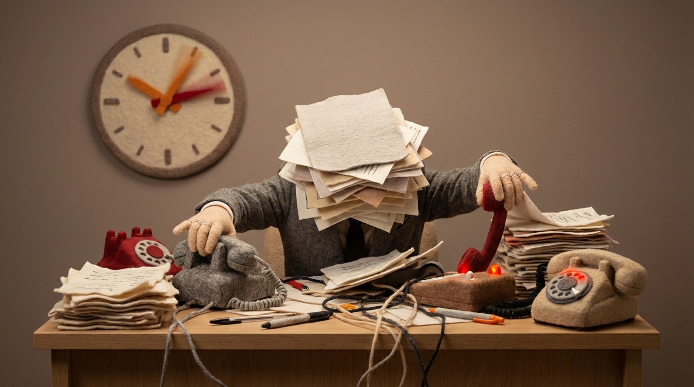 A person sitting at a desk overflowing with a chaotic pile of papers, documents, and ringing phones. The person's face is obscured, showing only hands desperately trying to manage multiple tasks simultaneously. A large, stylized clock in the background shows time rapidly ticking away, emphasizing the feeling of being overwhelmed and reactive. The color palette is muted, with hints of frantic activity.