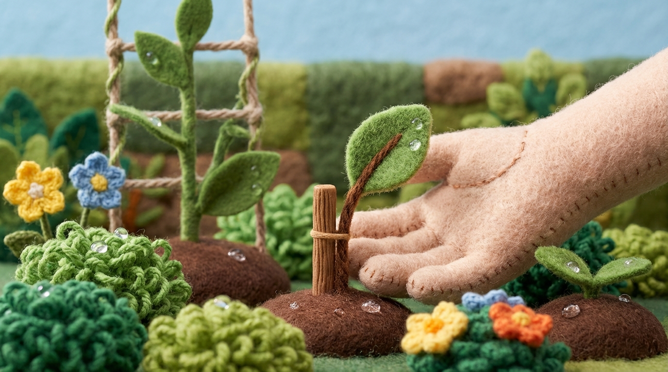 A lush, thriving garden with various plants at different stages of growth, all well-watered and supported by small stakes or trellises. In the foreground, a nurturing hand is carefully tending to a young sapling, symbolizing care, growth, and investment in potential. Vibrant, healthy green and brown tones dominate, creating a sense of flourishing and sustained well-being.