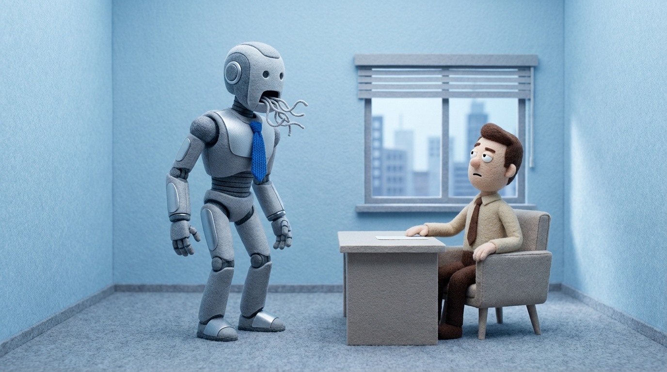 A sleek, modern robot, designed to look like a perfect salesperson, stands awkwardly in front of a potential client (represented by a simple desk and a chair). The robot's mouth is open, but no words are coming out, or it's speaking gibberish, while the client looks confused and uninterested. The scene is set in a minimalist office, with a cool, slightly sterile color palette, emphasizing the disconnect between appearance and function.