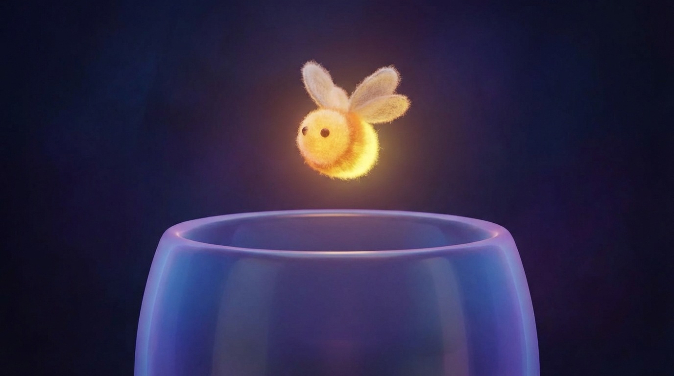 A small, delicate, glowing abstract object (like a firefly or a soft orb) gently floating towards a larger, transparent, open container. The container is wide and inviting, not imposing. The background is a soft, dark gradient, making the glowing object stand out. The scene conveys a sense of gentle attraction and curiosity, using a color palette of deep blues and purples with a contrasting, warm yellow glow for the attracting object. The composition is centered, drawing the eye to the interaction.