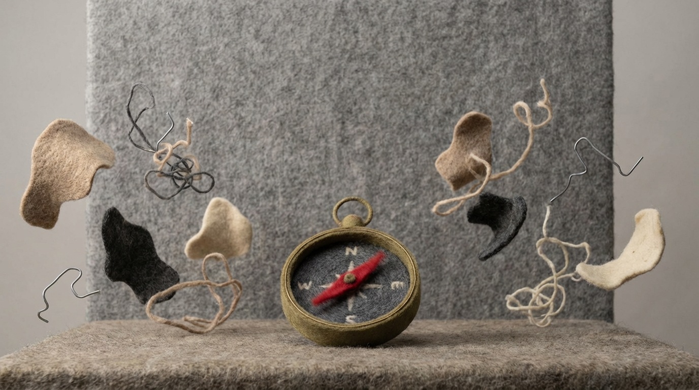 A large, blank, featureless wall dominating the background. In the center foreground, a single, uncalibrated compass is spinning wildly and aimlessly, pointing in no discernible direction. Around the compass, various abstract, unmeasured elements float randomly, emphasizing a complete lack of guidance or progress tracking. The scene conveys confusion, aimlessness, and a fundamental absence of direction. A stark, minimalist color palette, predominantly monochrome with a single, muted color for the spinning compass, highlighting the emptiness and uncertainty.