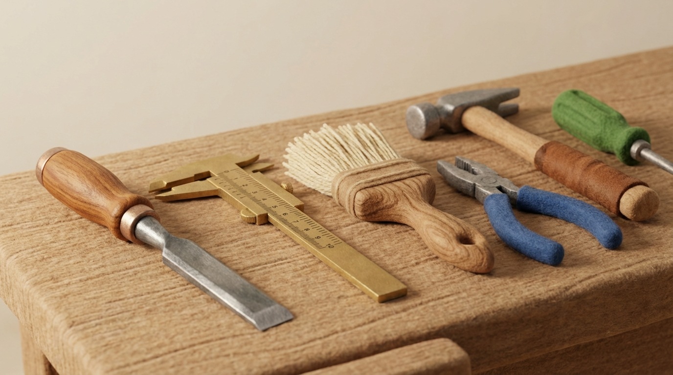 A collection of diverse tools and instruments neatly arranged on a workbench. Each tool is distinct and clearly crafted, representing specialized skills and high quality. Examples include a finely crafted chisel, a precise measuring device, and a unique artisan's brush. The arrangement suggests preparedness and expertise. The mood is one of competence and readiness. The color palette is dominated by metallic tones, wood textures, and hints of bright tool handle colors against a neutral background.