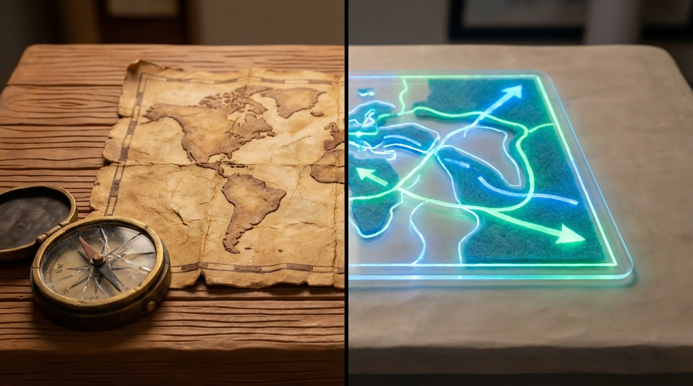 A split image. On the left, a detailed, old-fashioned paper map, meticulously drawn but visibly creased and faded, lies on a wooden desk. Next to it is a broken compass. On the right, a sleek, modern, illuminated holographic projection of a dynamic, real-time map with moving elements and changing routes, floating above a minimalist surface. The contrast highlights rigidity versus adaptability. Cool blue and green hues for the modern map, warm sepia tones for the old map.