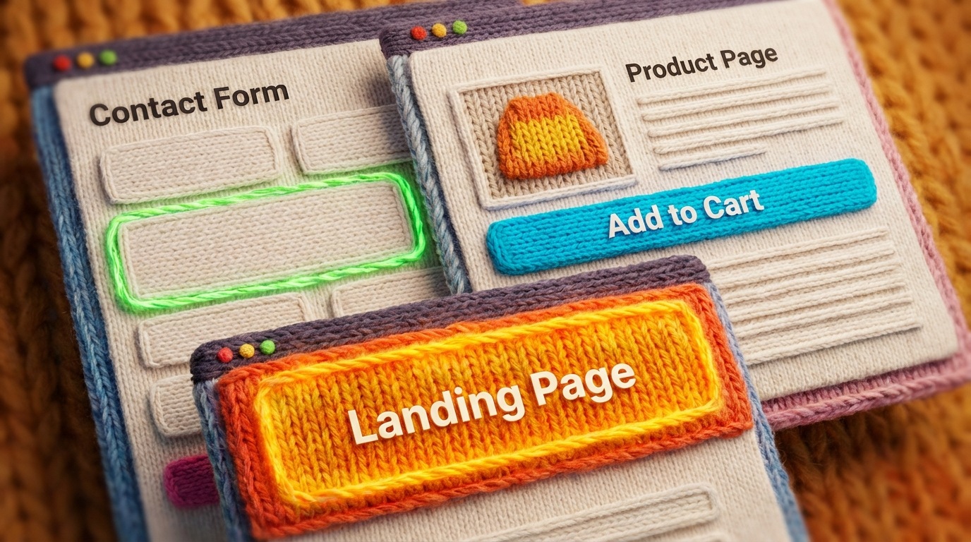 A dynamic collage of three overlapping, stylized web page mockups, each representing a different "pain point." In the foreground, a "Landing Page" mockup has its main headline glowing and slightly detached, suggesting it's a focus for testing. Behind it, a "Product Page" mockup shows a product image and description, with the "Add to Cart" button prominently highlighted in a contrasting color. Further back, a "Contact Form" mockup displays several empty fields, with one field specifically outlined, implying a focus on form optimization. The overall composition is layered and suggests multiple areas for improvement. The color palette is bright and clean, with specific elements highlighted in vibrant, attention-grabbing hues. Viewed from a slightly elevated, angled perspective.