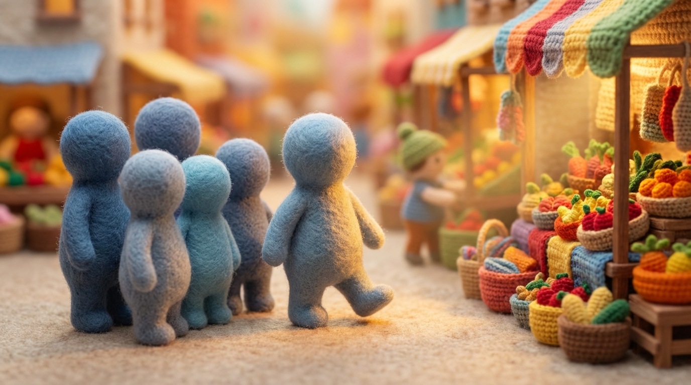 A stylized scene depicting a group of abstract, featureless figures standing at the edge of a vibrant, appealing marketplace, hesitating. One figure is slightly stepping forward, drawn by an invisible force towards the market, which emits a soft, inviting glow. The marketplace is bustling with activity, but the figures in the foreground are paused. The overall mood is one of anticipation and gentle persuasion. Warm, inviting colors in the market, slightly cooler tones for the hesitant figures. Eye-level perspective.