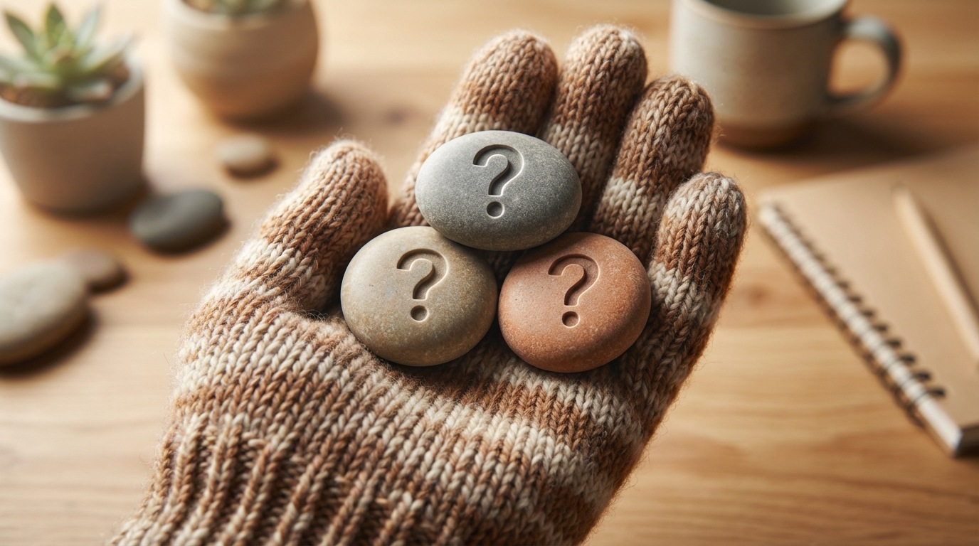 A hand holding three smooth, polished stones, each engraved with a question mark. The stones are arranged in a small pyramid, symbolizing a quick, structured approach to problem-solving. The background is a soft, out-of-focus desk environment. Earthy, natural tones with a gentle light.