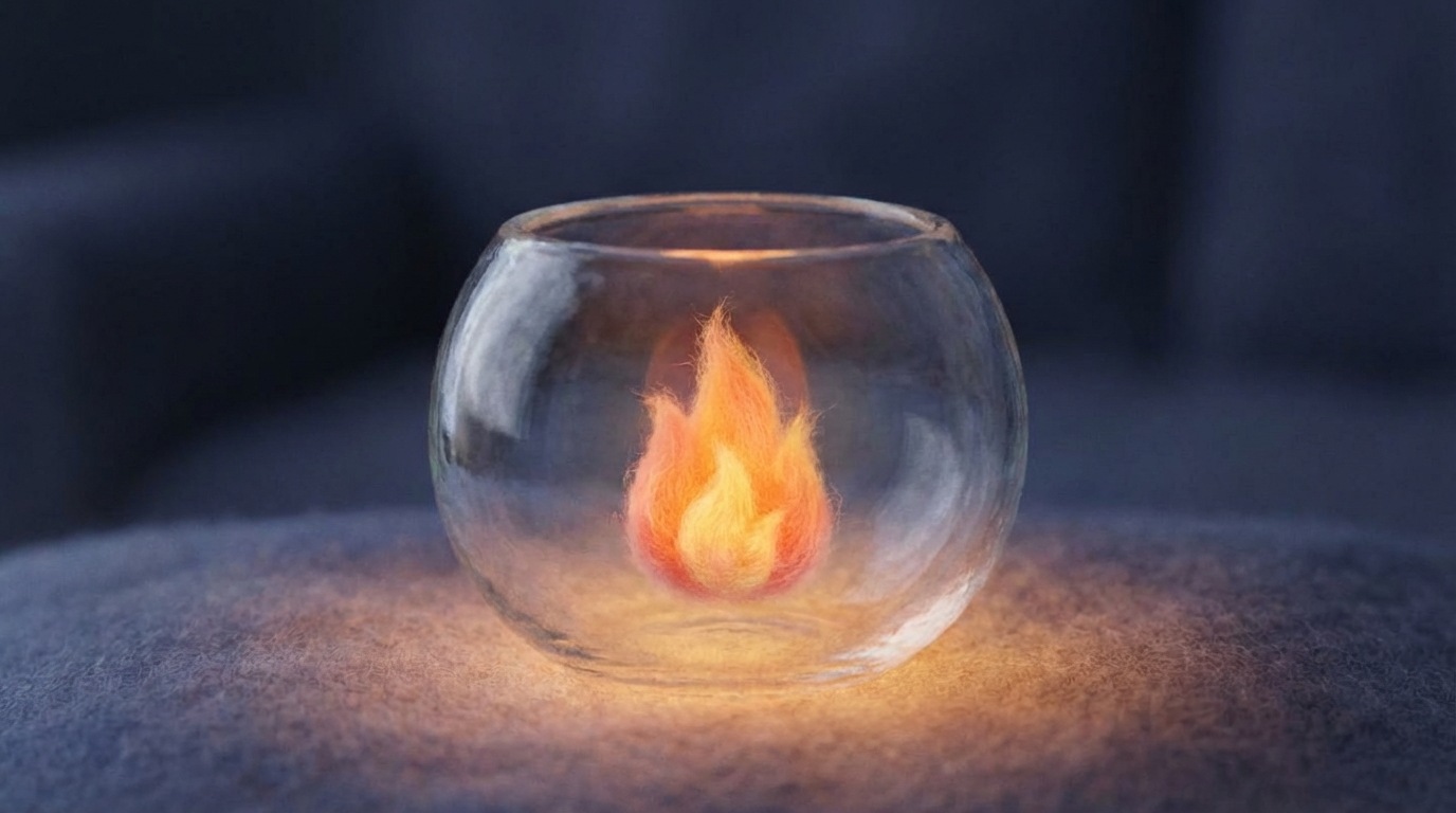 A stylized, abstract representation of a small, gentle flame flickering steadily within a transparent, bowl-like container. Around the container, subtle, warm light emanates, indicating a growing warmth. The background is soft and slightly blurred, allowing the flame to be the central focus. The colors are warm and inviting, primarily oranges, yellows, and soft reds, set against a calming, dark background, conveying a sense of increasing warmth and readiness.