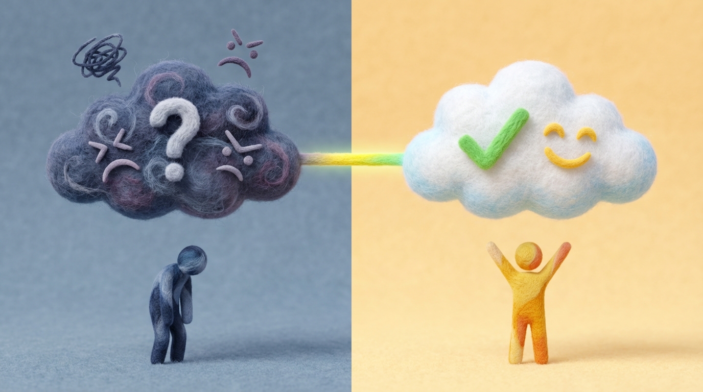 A split-screen illustration. On the left side, a stylized, dark cloud with a question mark and several frustrated facial expressions (no specific faces, just generic symbols of frustration) floats above a small, abstract figure, representing a 