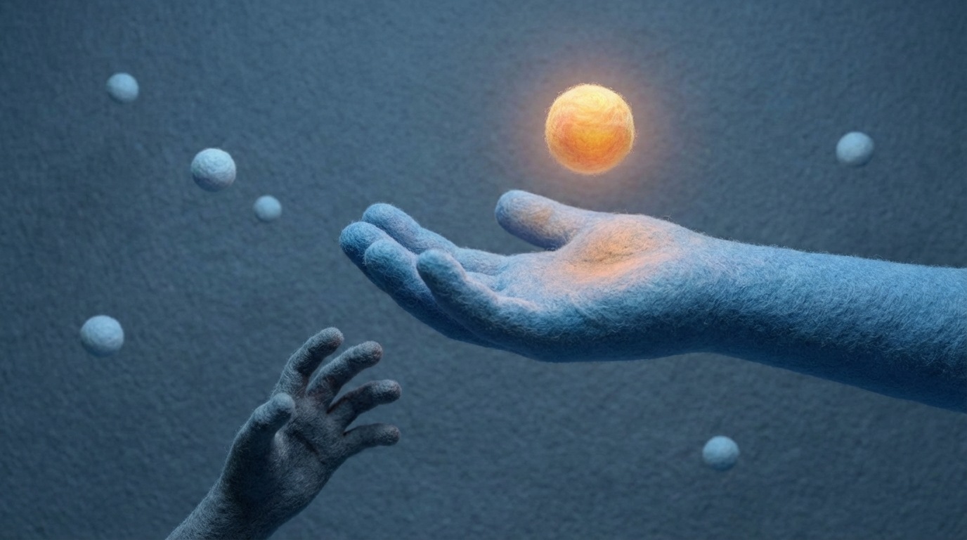 A stylized, abstract representation of an open hand letting go of a small, glowing orb, which floats away into the distance. In the foreground, another hand is struggling to grasp at several new, distant orbs. The scene conveys the idea of losing existing value while chasing new, harder-to-reach opportunities. The color palette is somber and cool, with the glowing orb providing a focal point. Medium shot, emphasizing the act of release.