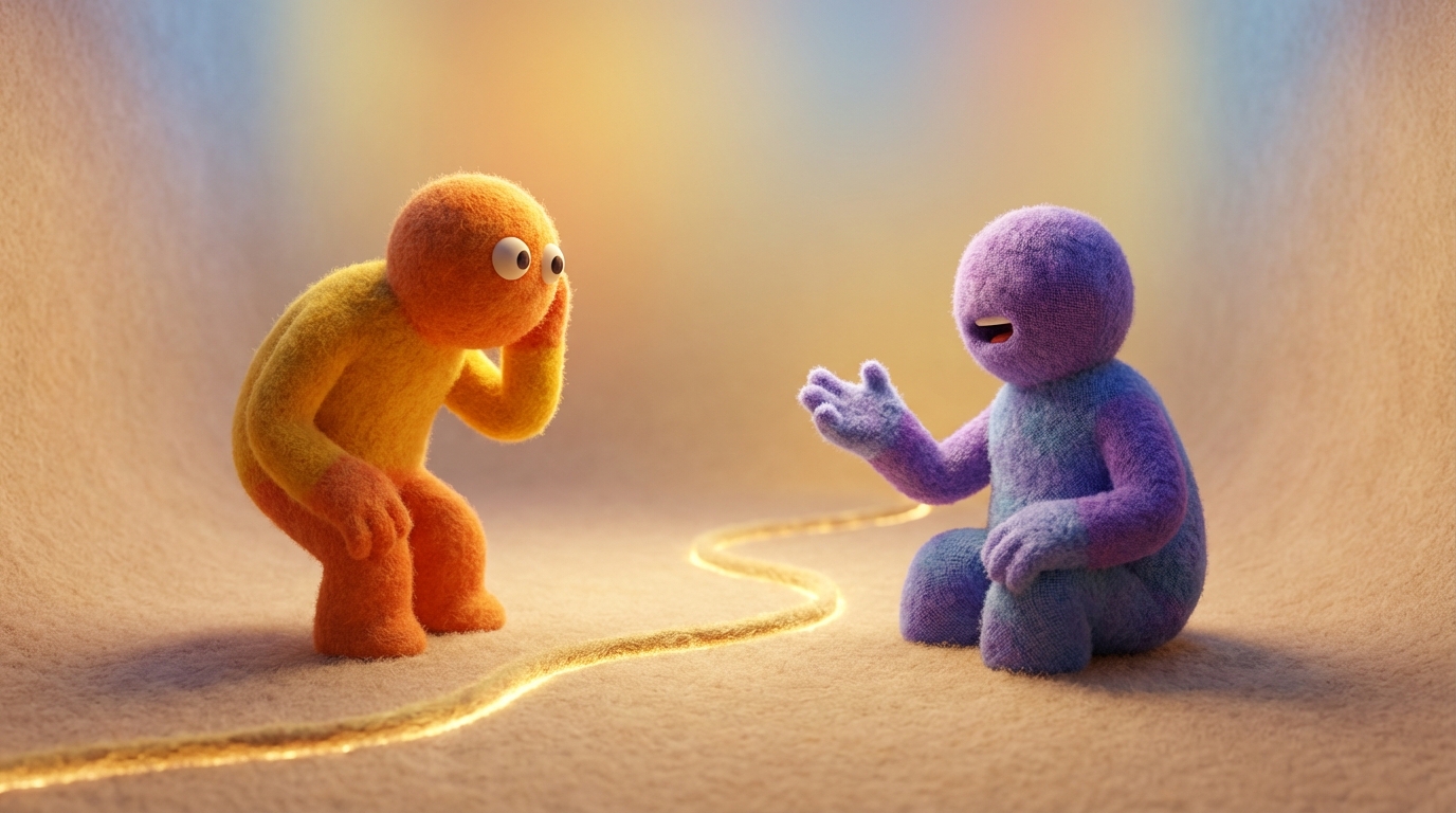 Two abstract figures sitting on opposite sides of a subtle, glowing line, which represents a safe boundary for conversation. One figure is slightly leaning forward, indicating active listening and engagement, while the other is gesturing gently, sharing their thoughts. The space around them is calm and private, fostering trust. Soft, warm lighting creates an inviting and empathetic atmosphere.