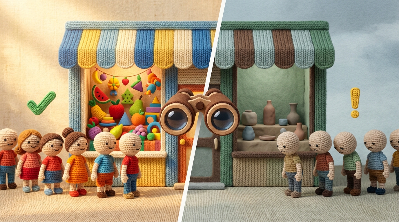 A split-screen view, slightly offset. On the left, a stylized storefront with a bright, eye-catching display and a queue of happy, faceless customers. A small, green checkmark hovers over it, indicating success. On the right, another storefront, similar in structure but with a slightly less appealing display and a shorter, less enthusiastic queue. A small, yellow 