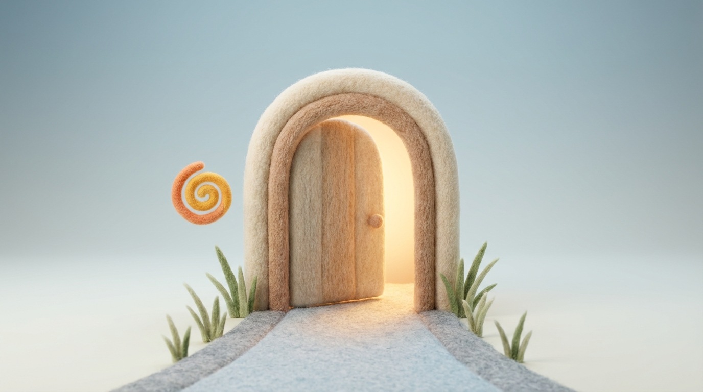 A gentle, inviting doorway or archway, slightly ajar, revealing a soft, warm glow from within. The path leading to the doorway is clear and unobstructed. A small, abstract, welcoming symbol hovers near the entrance, suggesting an open invitation. The surrounding environment is simple and clean, with a calm, neutral color palette that emphasizes the warmth emanating from the opening. The mood is one of quiet welcome and discovery, viewed head-on.