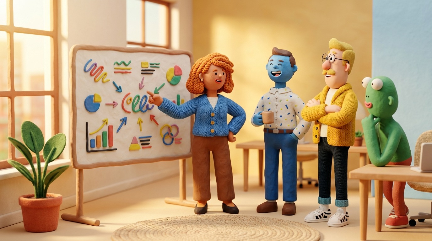 A candid, warm-toned photograph of a diverse team of professionals collaborating in a bright, modern office space. Some are looking at a whiteboard covered in notes, others are in conversation. The focus is on genuine interaction and a positive work environment. The style is illustrative and approachable, avoiding overly staged poses.